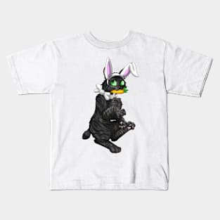 Bobtail BunnyCat: Black Tabby (White) Kids T-Shirt